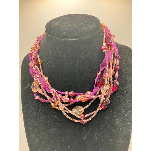 NWT! Monet Adjustable Purple and Pink Beaded Ribbon Boho 16 1/2 inch Necklace! - Picture 6 of 6